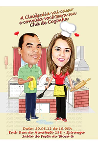 Caricaturas convite  festa chá de panela casal dentro da panela comemorando