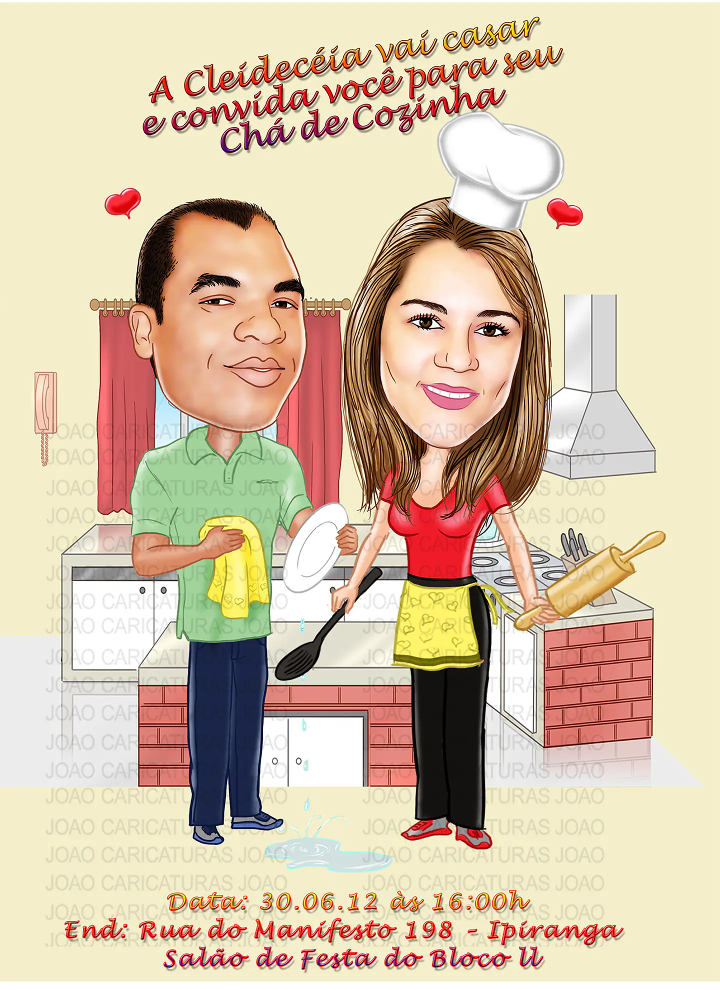 Caricaturas convite  festa chá de panela casal dentro da panela comemorando 3