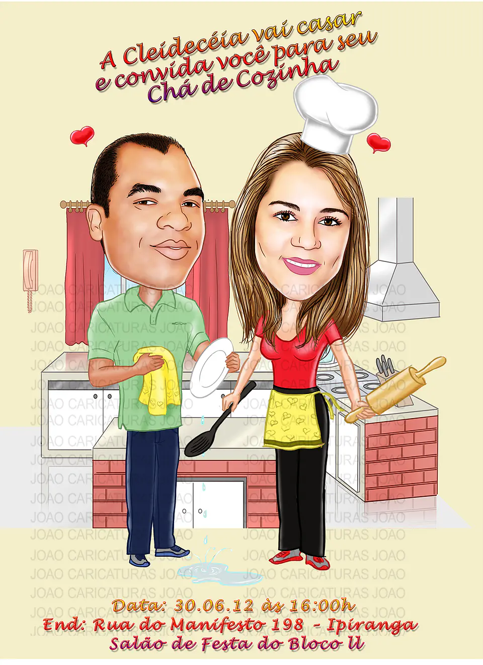 Caricaturas convite  festa chá de panela casal dentro da panela comemorando 3