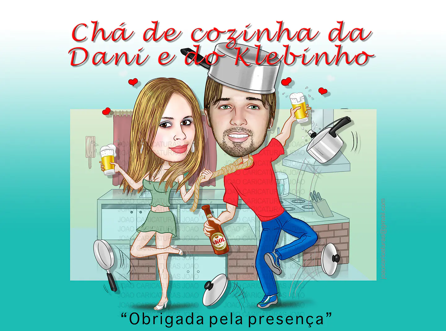 Caricaturas convite  festa chá de panela casal dentro da panela comemorando 4