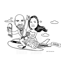 Caricatura aniversário  casal marido mulher no avião casados desenho  lua de mel kimono ju shitsu karate voando traço preto sem cor skate esporte  favorito corel illustrator
