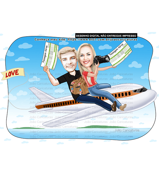 Caricatura aniversário  casal marido mulher no avião casados desenho  lua de mel kimono ju shitsu karate voando traço preto sem cor skate esporte  favorito corel illustrator passagens viagem 