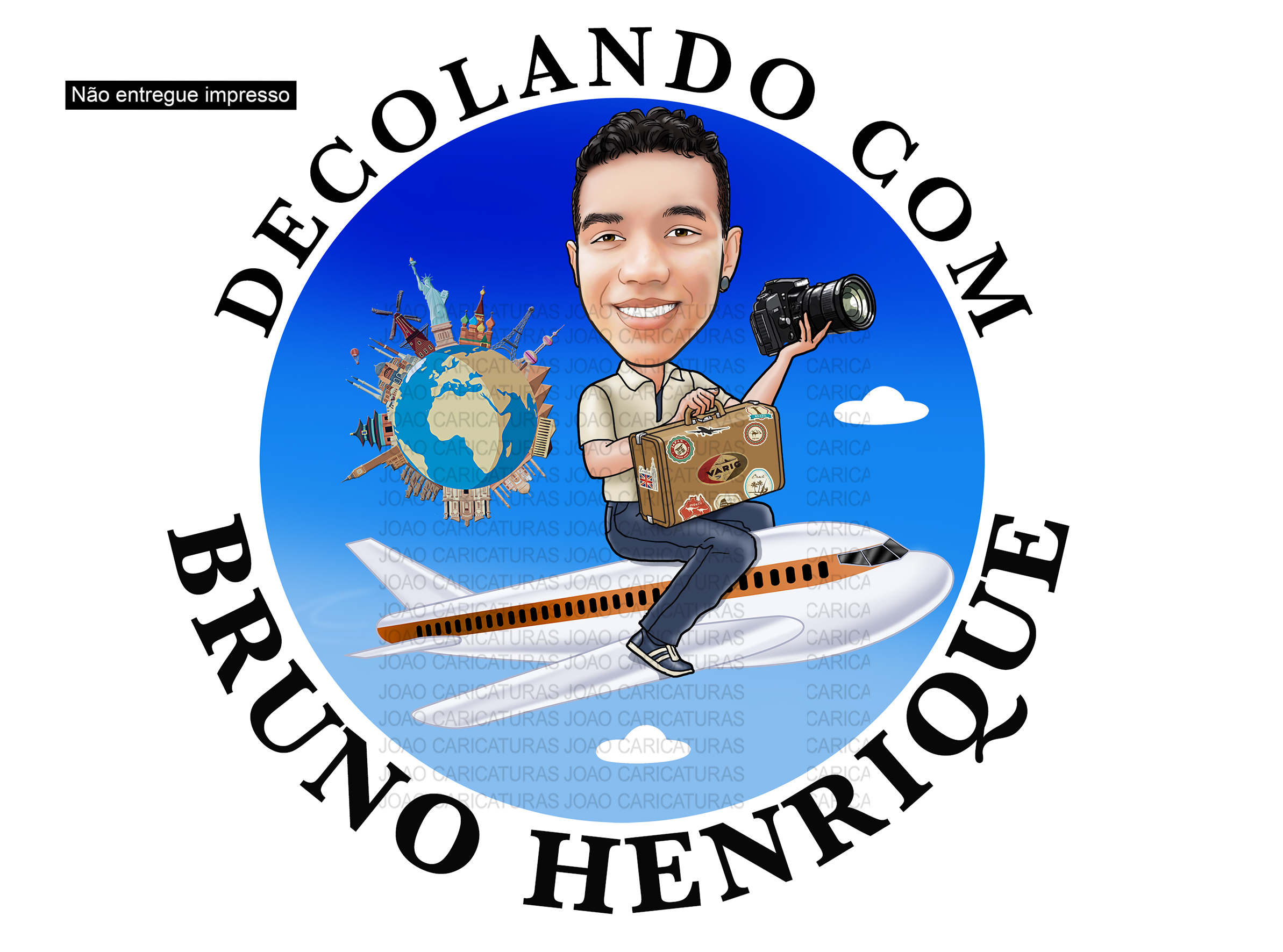Logomarca com caricatura homem avião agencia passagens pontos turisticos globo mundo logo voando