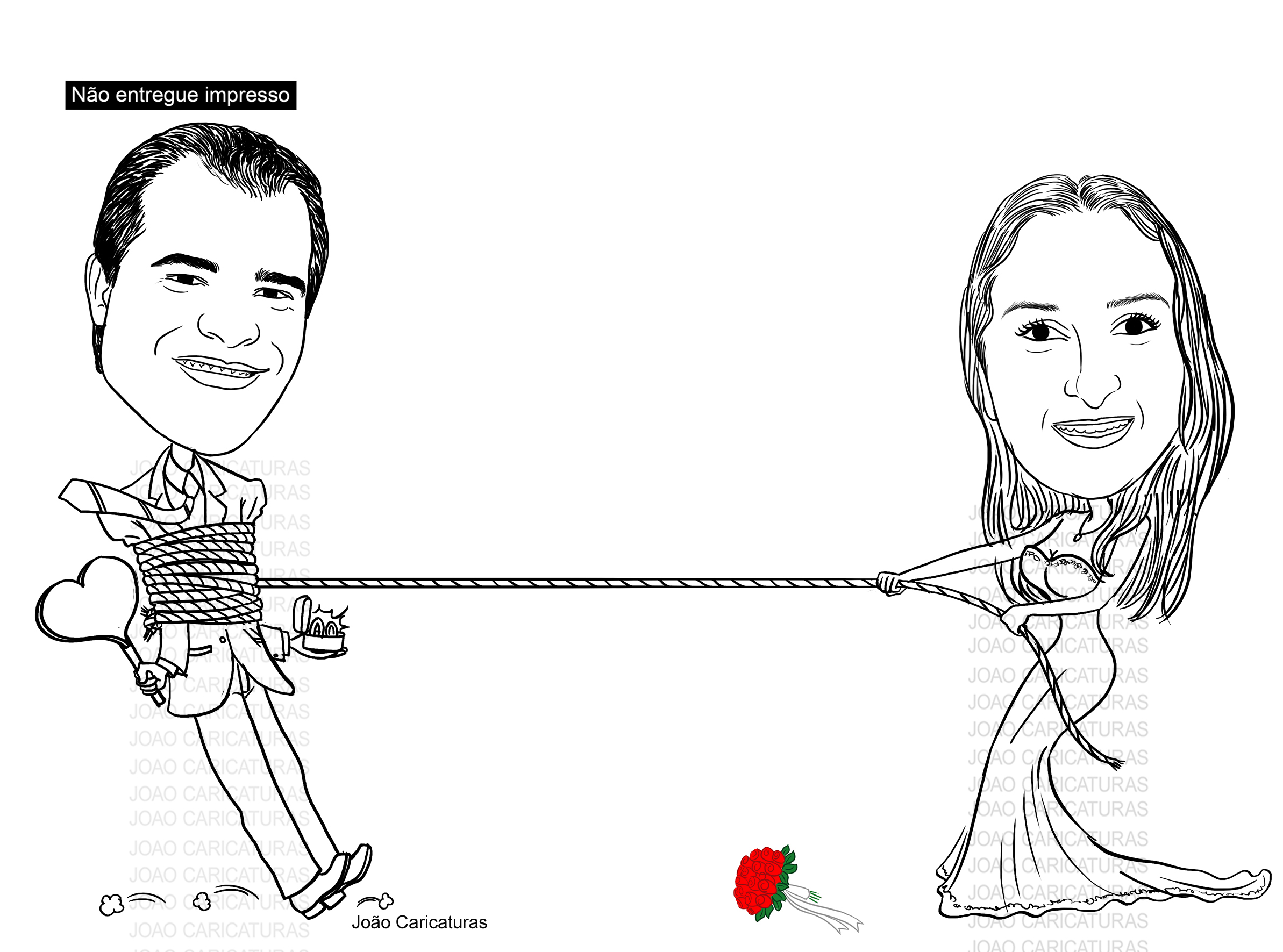 Caricatura casal  traço sem cor corel casamento, noivo, noiva, vetor, vetorial, 1 cor,  brindando, divertida, puxando pela corda, acorrentado, abraçado marido esposa