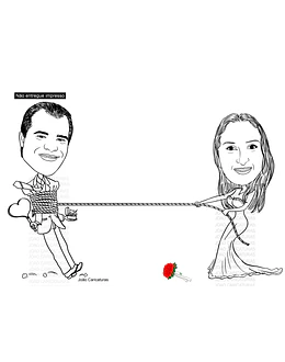 Caricatura casal  traço sem cor corel casamento, noivo, noiva, vetor, vetorial, 1 cor,  brindando, divertida, puxando pela corda, acorrentado, abraçado marido esposa