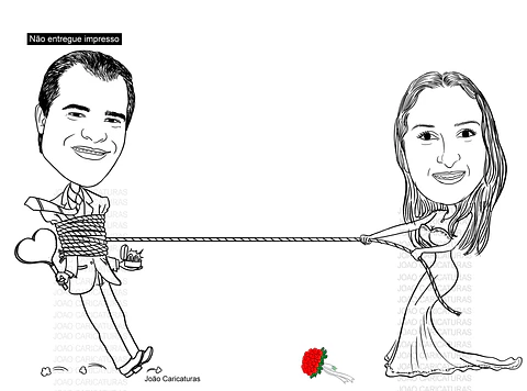 Caricatura casal  traço sem cor corel casamento, noivo, noiva, vetor, vetorial, 1 cor,  brindando, divertida, puxando pela corda, acorrentado, abraçado marido esposa