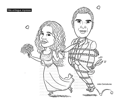 Caricatura casal  traço sem cor corel casamento, noivo, noiva, vetor, vetorial, 1 cor,  brindando, divertida, puxando pela corda, acorrentado, abraçado marido esposa