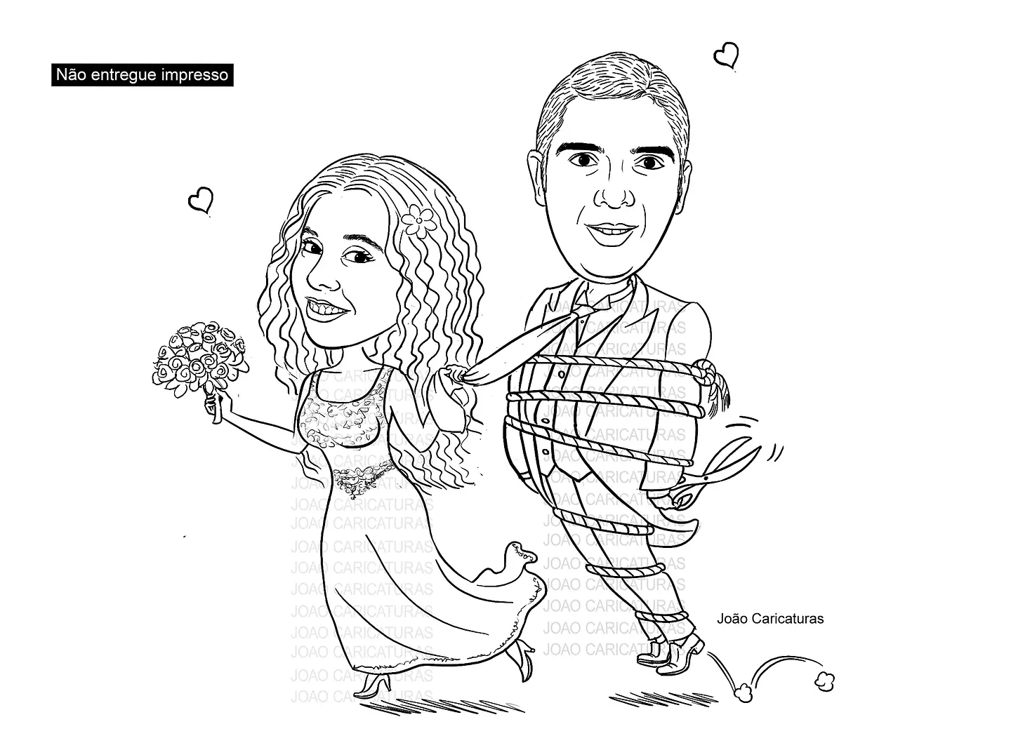 Caricatura casal  traço sem cor corel casamento, noivo, noiva, vetor, vetorial, 1 cor,  brindando, divertida, puxando pela corda, acorrentado, abraçado marido esposa 2