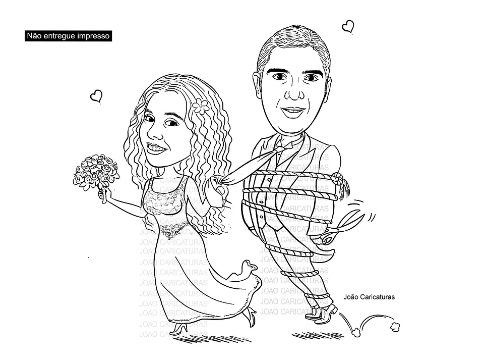 Caricatura casal  traço sem cor corel casamento, noivo, noiva, vetor, vetorial, 1 cor,  brindando, divertida, puxando pela corda, acorrentado, abraçado marido esposa 2