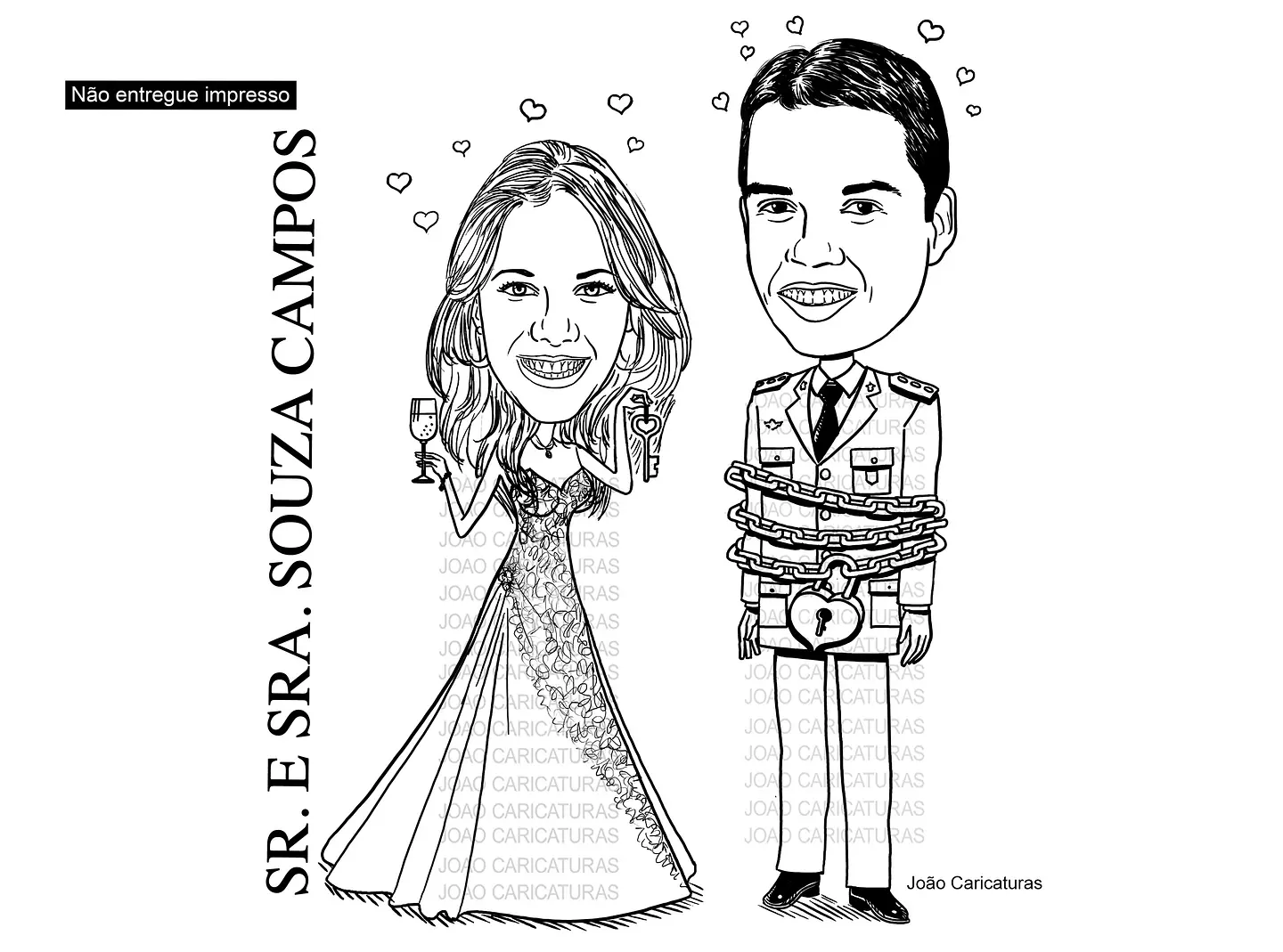 Caricatura casal  traço sem cor corel casamento, noivo, noiva, vetor, vetorial, 1 cor,  brindando, divertida, puxando pela corda, acorrentado, abraçado marido esposa 3