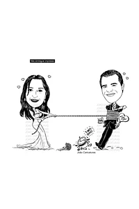 Caricatura casal  traço sem cor corel casamento, noivo, noiva, vetor, vetorial, 1 cor,  brindando, divertida, puxando pela corda, acorrentado, abraçado marido esposa