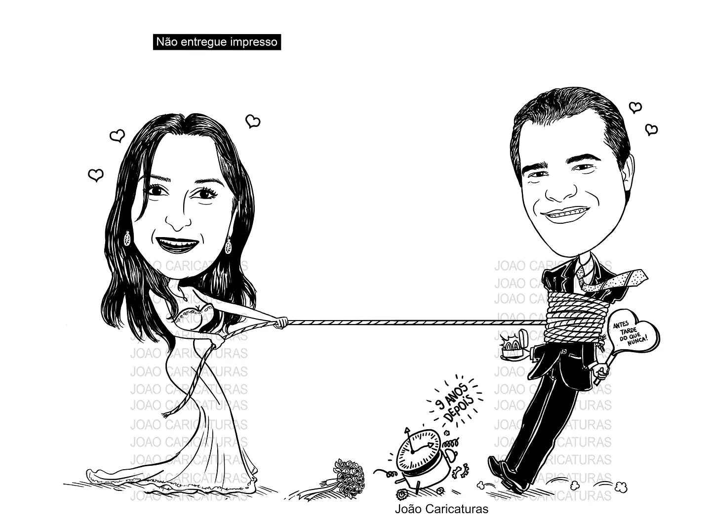 Caricatura casal  traço sem cor corel casamento, noivo, noiva, vetor, vetorial, 1 cor,  brindando, divertida, puxando pela corda, acorrentado, abraçado marido esposa 7