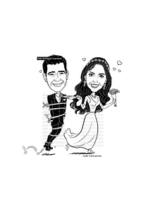 Caricatura casal  traço sem cor corel casamento, noivo, noiva, vetor, vetorial, 1 cor,  brindando, divertida, puxando pela corda, acorrentado, abraçado marido esposa