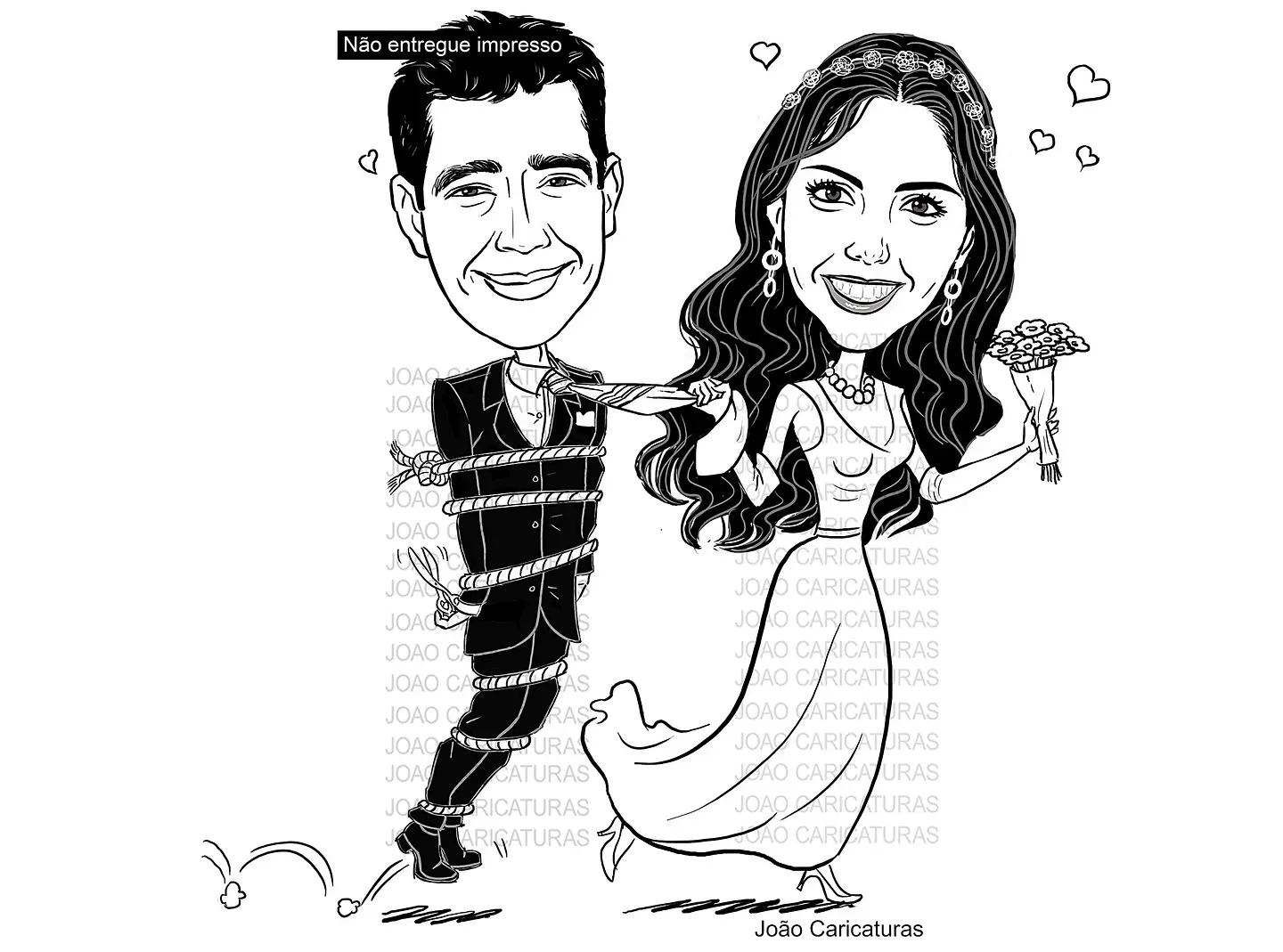 Caricatura casal  traço sem cor corel casamento, noivo, noiva, vetor, vetorial, 1 cor,  brindando, divertida, puxando pela corda, acorrentado, abraçado marido esposa 9