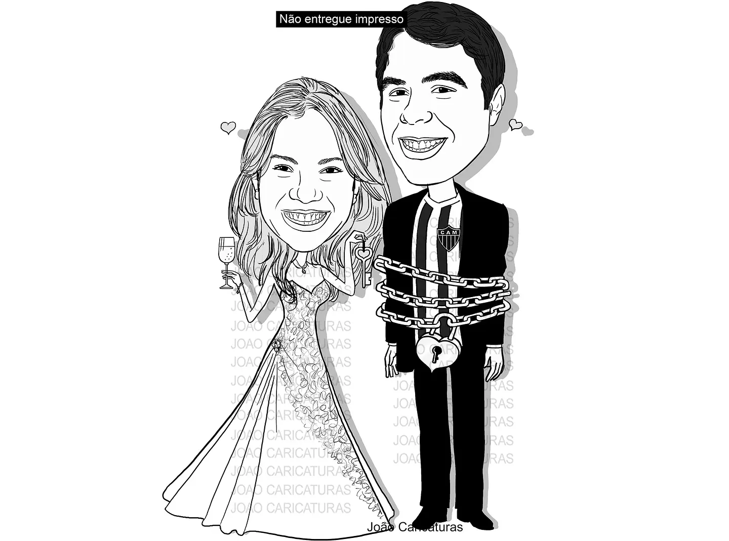 Caricatura casal  traço sem cor corel casamento, noivo, noiva, vetor, vetorial, 1 cor,  brindando, divertida, puxando pela corda, acorrentado, abraçado marido esposa 10