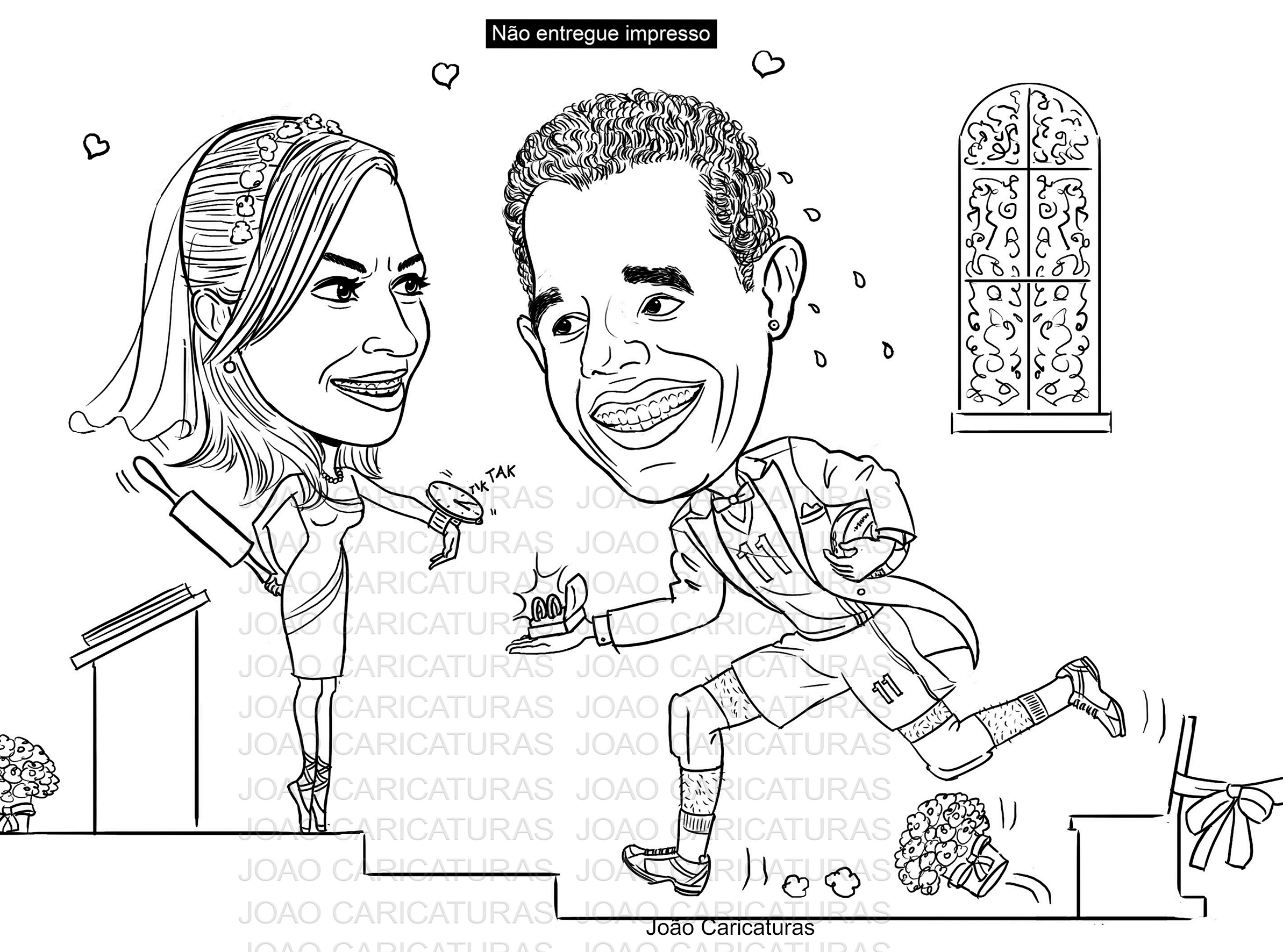 Caricatura casal  traço sem cor corel casamento, noivo, noiva, vetor, vetorial, 1 cor, correndo, noivo atrasado,noiva brava, igreja, altar, rolo macarrão, puxando gola,puxando corda,moto, brindando,