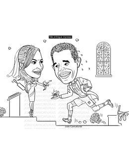 Caricatura casal  traço sem cor corel casamento, noivo, noiva, vetor, vetorial, 1 cor, correndo, noivo atrasado,noiva brava, igreja, altar, rolo macarrão, puxando gola,puxando corda,moto, brindando,