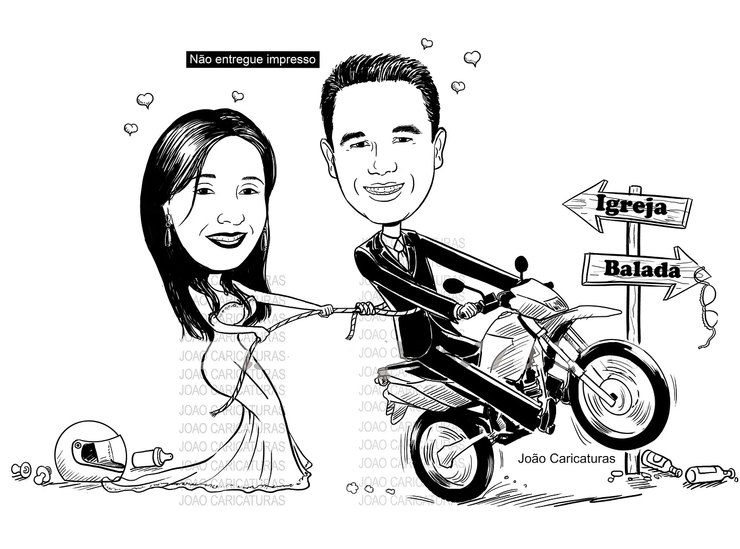 Caricatura casal  traço sem cor corel casamento, noivo, noiva, vetor, vetorial, 1 cor, correndo, noivo atrasado,noiva brava, igreja, altar, rolo macarrão, puxando gola,puxando corda,moto, brindando, 3
