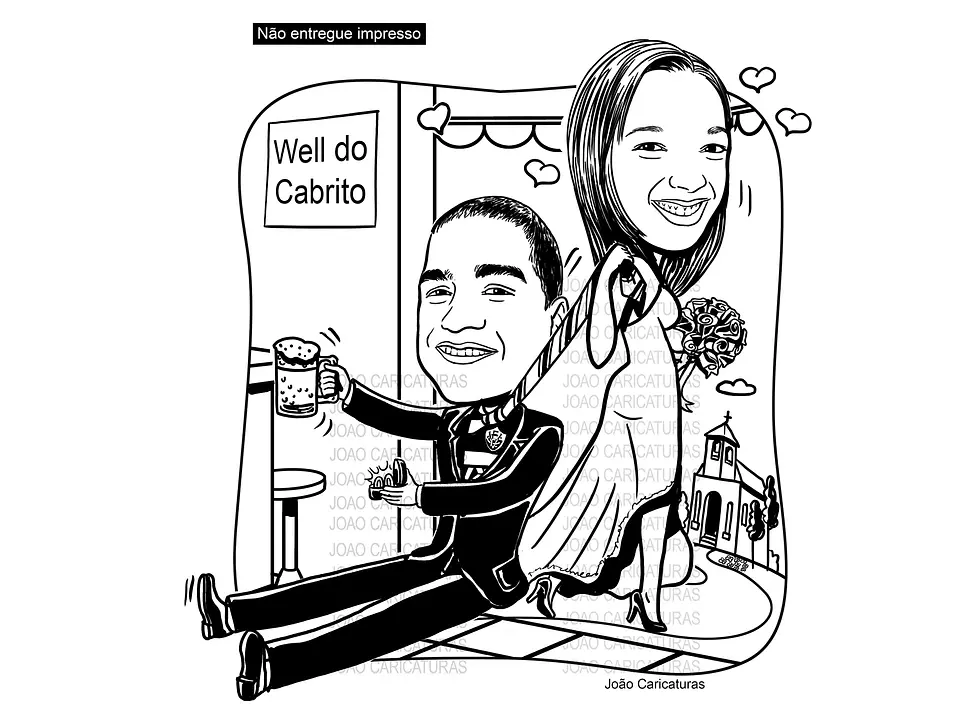 Caricatura casal  traço sem cor corel casamento, noivo, noiva, vetor, vetorial, 1 cor, correndo, noivo atrasado,noiva brava, igreja, altar, rolo macarrão, puxando gola,puxando corda,moto, brindando, 4