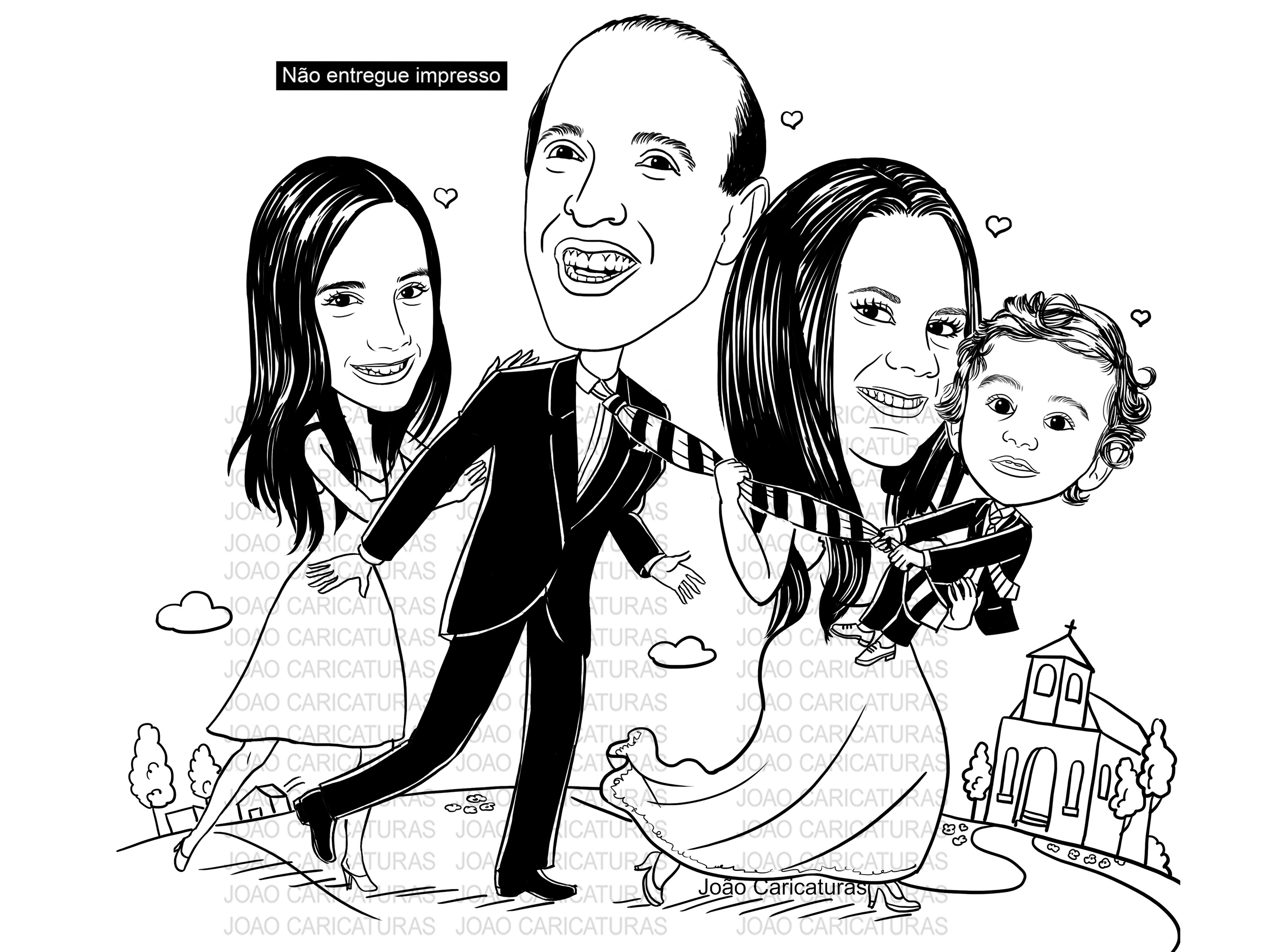 Caricatura casal  (preço por pessoa) traço sem cor corel casamento, noivo, noiva, vetor, vetorial, 1 cor, puxando gravata, filhinho colo, filha empurrando, igreja, filhas