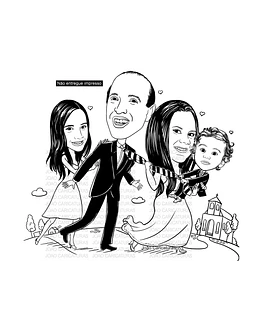 Caricatura casal  (preço por pessoa) traço sem cor corel casamento, noivo, noiva, vetor, vetorial, 1 cor, puxando gravata, filhinho colo, filha empurrando, igreja, filhas