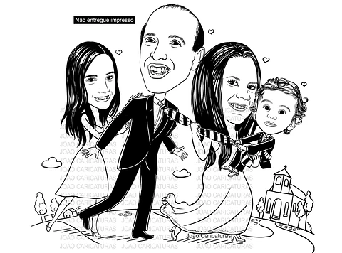 Caricatura casal  (preço por pessoa) traço sem cor corel casamento, noivo, noiva, vetor, vetorial, 1 cor, puxando gravata, filhinho colo, filha empurrando, igreja, filhas