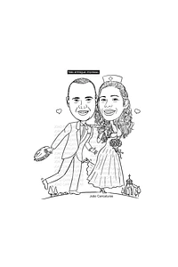 Caricatura casal  traço sem cor corel casamento com pandeiro, noivo, noiva enfermeira, vetor, vetorial, 1 cor, puxando gravata, igreja,