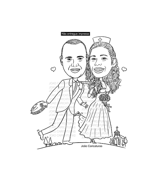 Caricatura casal  traço sem cor corel casamento com pandeiro, noivo, noiva enfermeira, vetor, vetorial, 1 cor, puxando gravata, igreja,