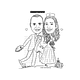 Caricatura casal  traço sem cor corel casamento com pandeiro, noivo, noiva enfermeira, vetor, vetorial, 1 cor, puxando gravata, igreja,