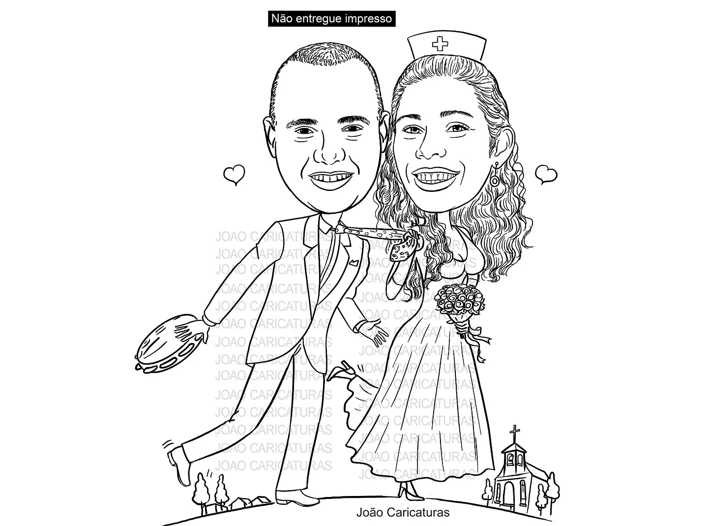 Caricatura casal  traço sem cor corel casamento com pandeiro, noivo, noiva enfermeira, vetor, vetorial, 1 cor, puxando gravata, igreja, 3