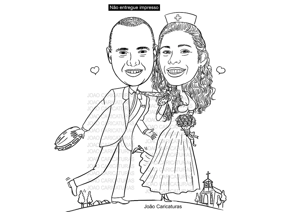 Caricatura casal  traço sem cor corel casamento com pandeiro, noivo, noiva enfermeira, vetor, vetorial, 1 cor, puxando gravata, igreja, 3