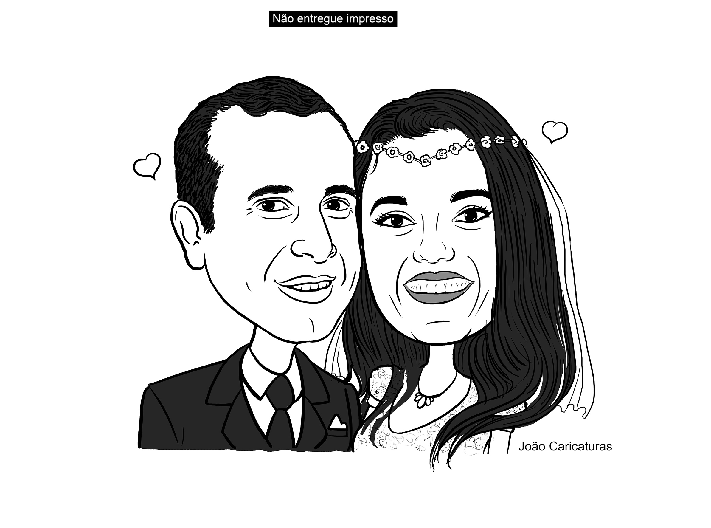 Caricatura casal de rosto traço sem cor,traço preto, corel casamento com pandeiro, noivo, noiva 