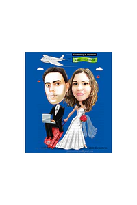 Caricaturas  casamento, casal embarcando,noivo sentado, avião, notebook, lua de mel, noiva laçada corda, moderna, puxando gravata, parecida, alterofilista, felizes, musculoso, noiva no colo confeitera