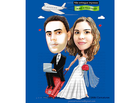 Caricaturas  casamento, casal embarcando,noivo sentado, avião, notebook, lua de mel, noiva laçada corda, moderna, puxando gravata, parecida, alterofilista, felizes, musculoso, noiva no colo confeitera