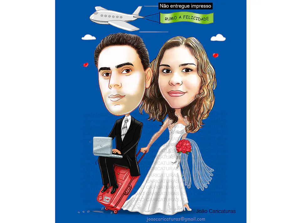 Caricaturas  casamento, casal embarcando,noivo sentado, avião, notebook, lua de mel, noiva laçada corda, moderna, puxando gravata, parecida, alterofilista, felizes, musculoso, noiva no colo confeitera 2
