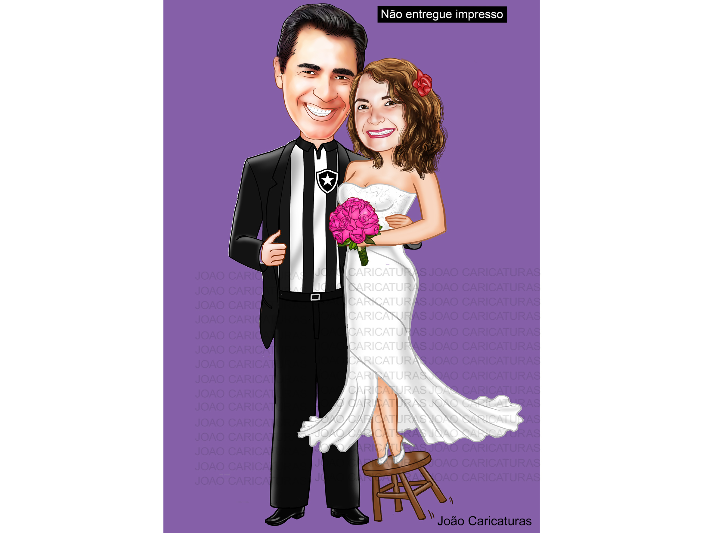 Caricaturas  casamento, casal noiva mais baixinha, noivo grandão,noiva no banquinho, noivo camisa de time, vasco, instrumento musical, trompete,contra baixo, caricatura matrimônio.