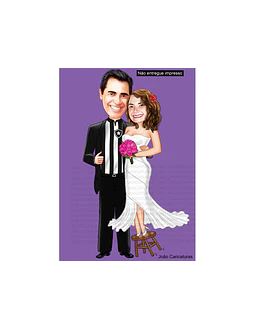 Caricaturas  casamento, casal noiva mais baixinha, noivo grandão,noiva no banquinho, noivo camisa de time, vasco, instrumento musical, trompete,contra baixo, caricatura matrimônio.
