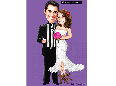 Caricaturas  casamento, casal noiva mais baixinha, noivo grandão,noiva no banquinho, noivo camisa de time, vasco, instrumento musical, trompete,contra baixo, caricatura matrimônio.