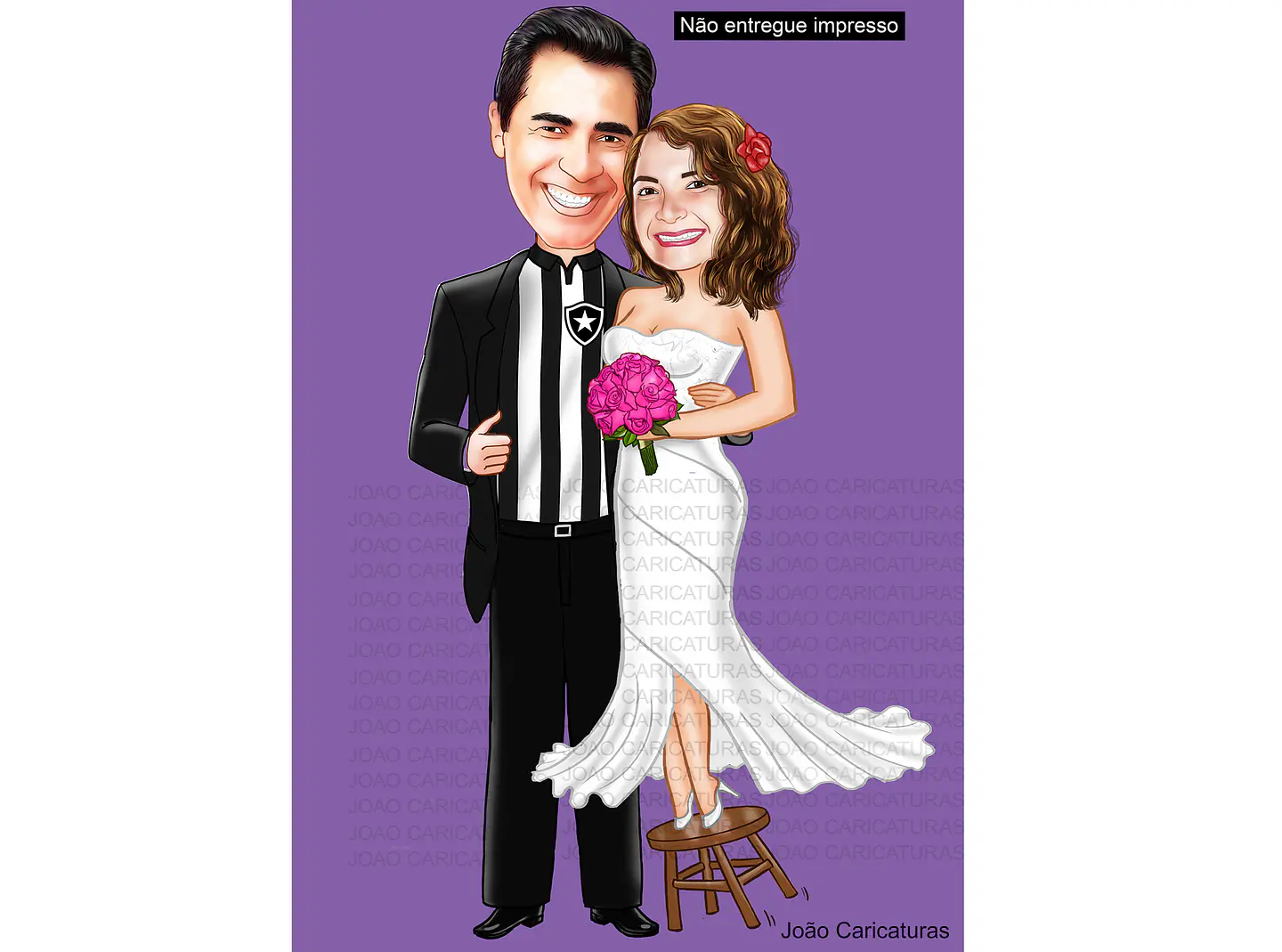 Caricaturas  casamento, casal noiva mais baixinha, noivo grandão,noiva no banquinho, noivo camisa de time, vasco, instrumento musical, trompete,contra baixo, caricatura matrimônio. 1