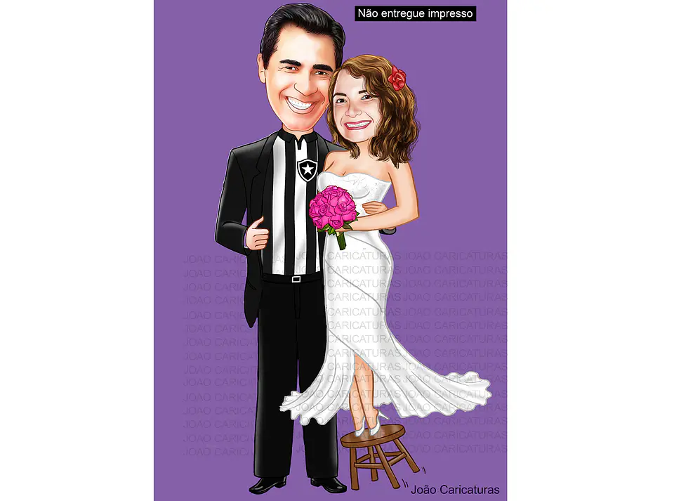 Caricaturas  casamento, casal noiva mais baixinha, noivo grandão,noiva no banquinho, noivo camisa de time, vasco, instrumento musical, trompete,contra baixo, caricatura matrimônio. 1