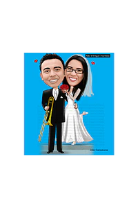 Caricaturas  casamento, casal noiva mais baixinha, noivo grandão,noiva no banquinho, noivo camisa de time, vasco, instrumento musical, trompete,contra baixo, caricatura matrimônio.