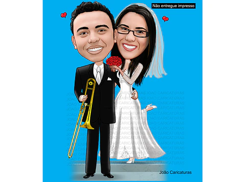 Caricaturas  casamento, casal noiva mais baixinha, noivo grandão,noiva no banquinho, noivo camisa de time, vasco, instrumento musical, trompete,contra baixo, caricatura matrimônio.