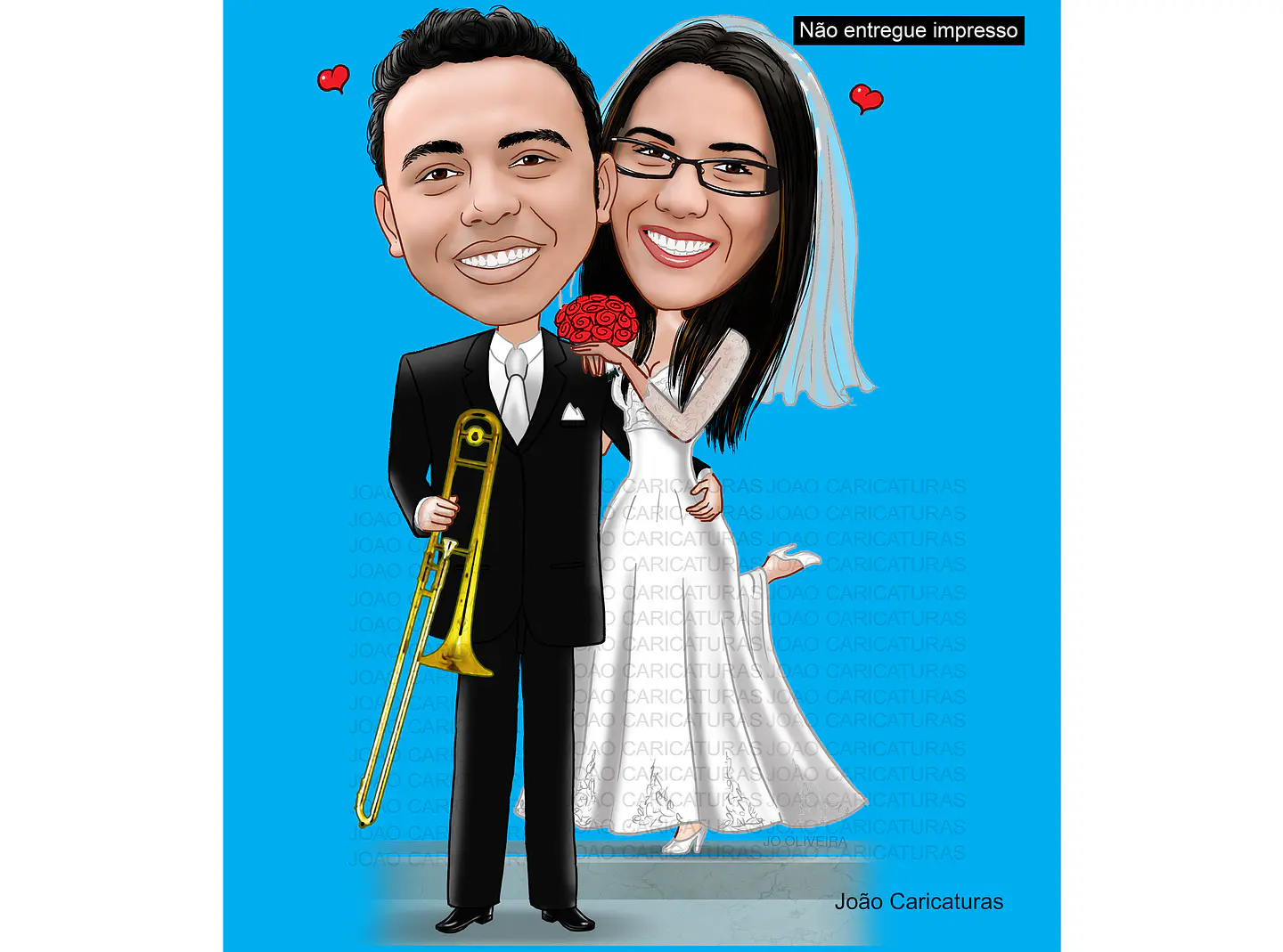 Caricaturas  casamento, casal noiva mais baixinha, noivo grandão,noiva no banquinho, noivo camisa de time, vasco, instrumento musical, trompete,contra baixo, caricatura matrimônio. 2