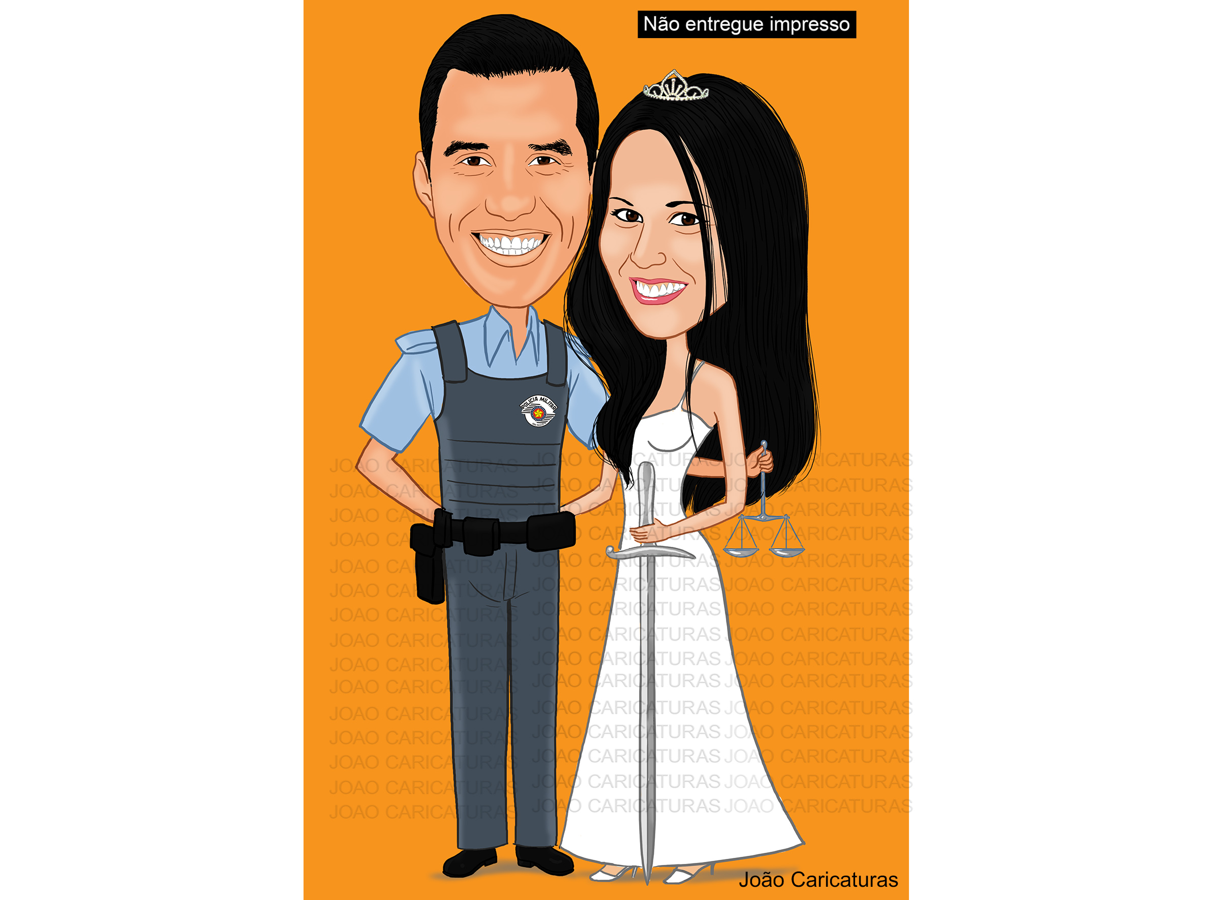 Caricaturas  casamento feita por encomenda através de fotos recebidas, desenho de casal noiva advogada e noivo polícia militar