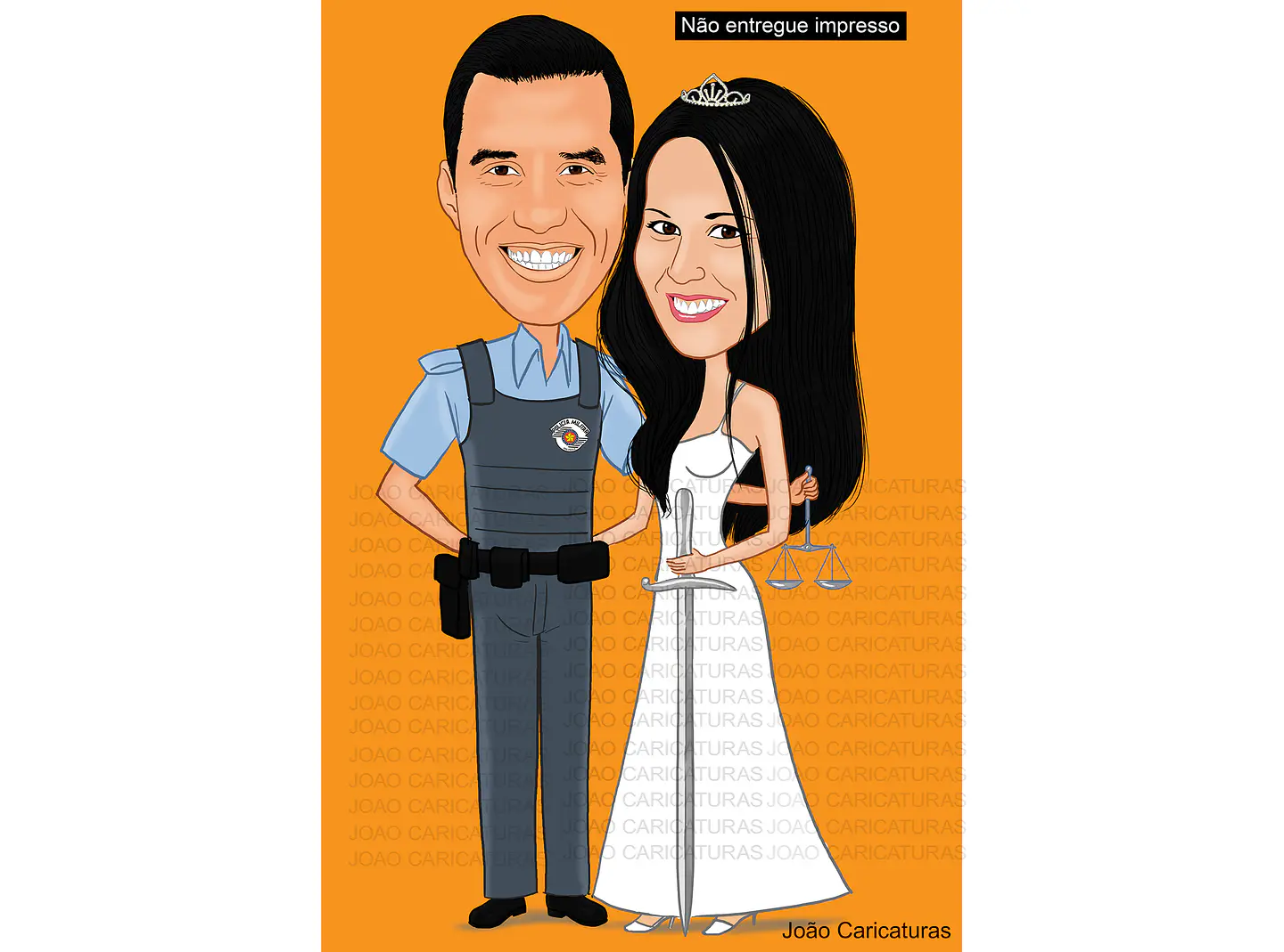 Caricaturas  casamento feita por encomenda através de fotos recebidas, desenho de casal noiva advogada e noivo polícia militar 1