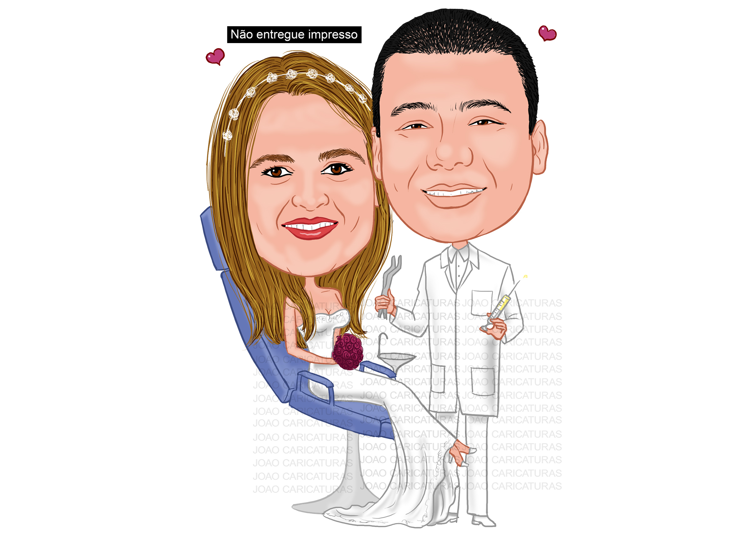 Caricaturas  casamento,  noivo dentista, noiva sentada no consultório na cadeira