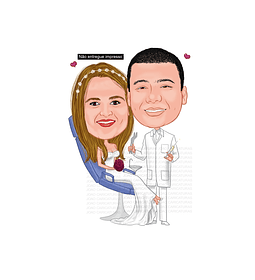 Caricaturas  casamento,  noivo dentista, noiva sentada no consultório na cadeira