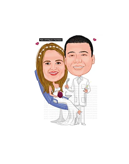 Caricaturas  casamento,  noivo dentista, noiva sentada no consultório na cadeira