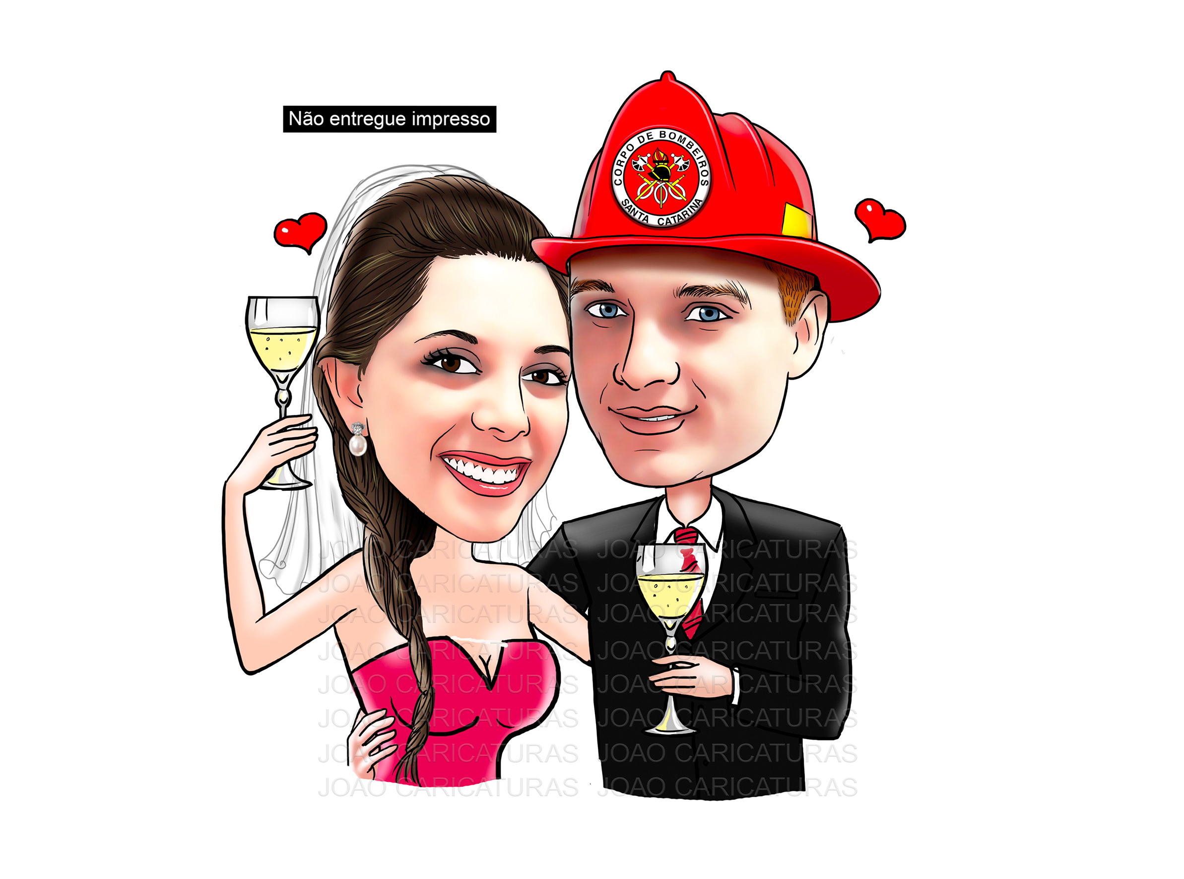 Caricaturas  casamento,  caricatura noiva abraçada com noivo bombeiro, puxando pela mangueira, noivo amarrado