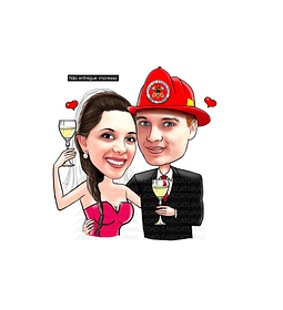 Caricaturas  casamento,  caricatura noiva abraçada com noivo bombeiro, puxando pela mangueira, noivo amarrado